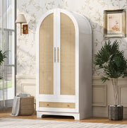 Armadio 2 ante bianco con 2 cassetti e pannelli effetto rattan