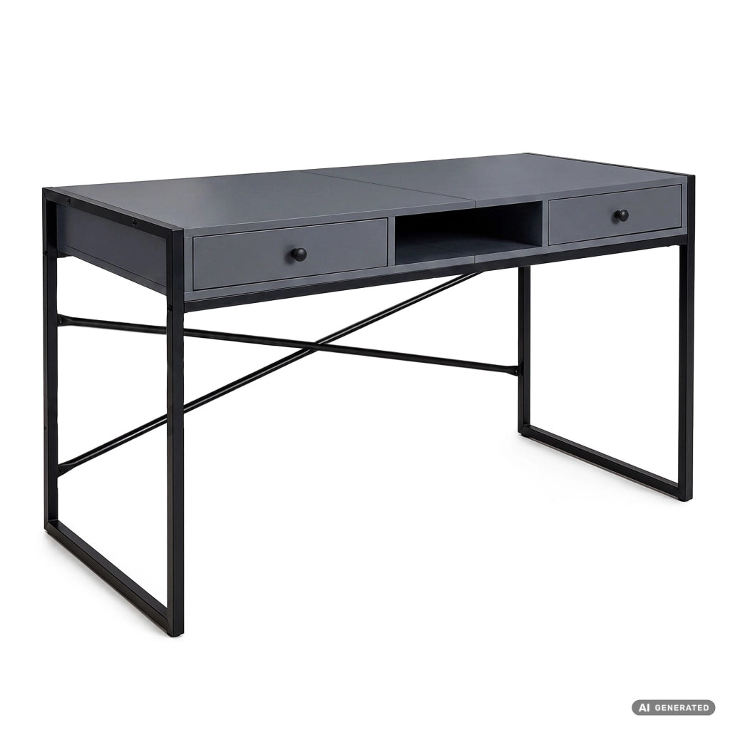 Scrivania industriale per computer Grafite ELONIS 123 cm 2 cassetti 1 ripiano gambe nere