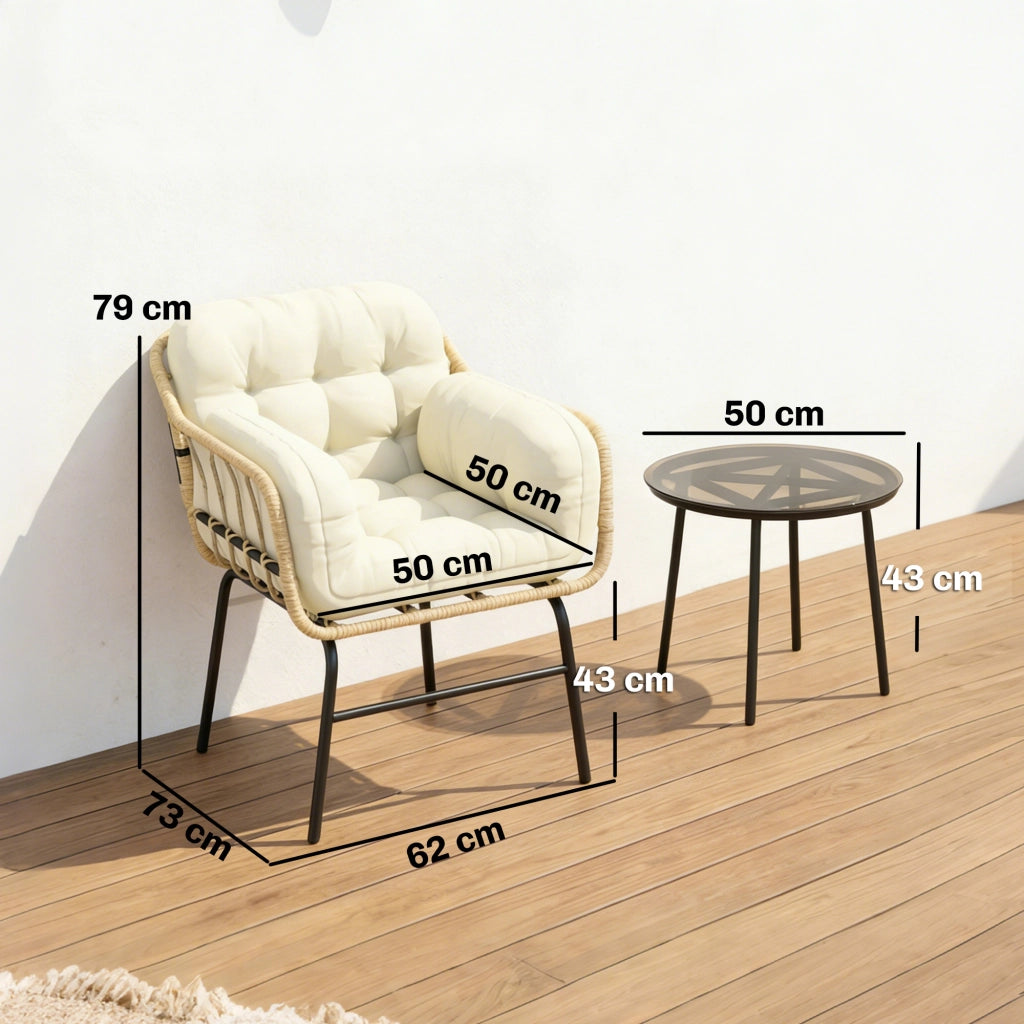 Set da giardino 3 pezzi in polyrattan ¨C Minimal ¨C tavolo in vetro, cuscini, kaki, 62x73x79cm