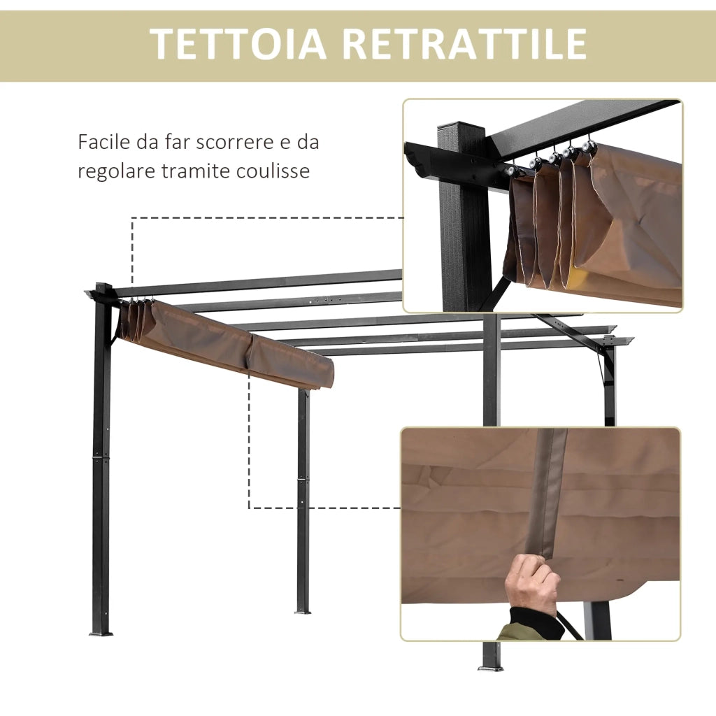 Pergola da Giardino 3X4m in Alluminio con Telo Scorrevole Nera e Beige
