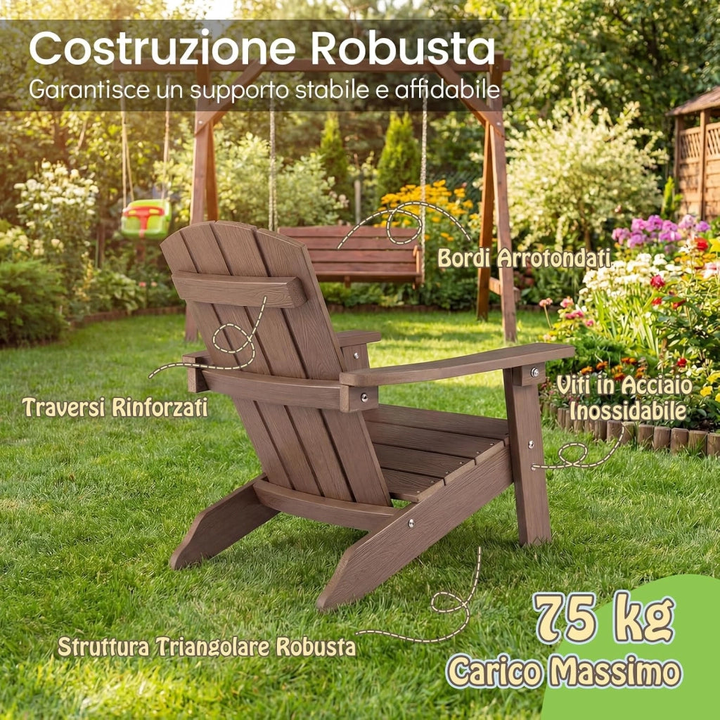 Sedia Adirondack per Bambini, Poltrona da Giardino in Plastica Resistente alle Intemperie con Schienale a Doghe Inclinato, Sedia Adirondack per Patio e Balcone, Portata 75 kg (Marrone)