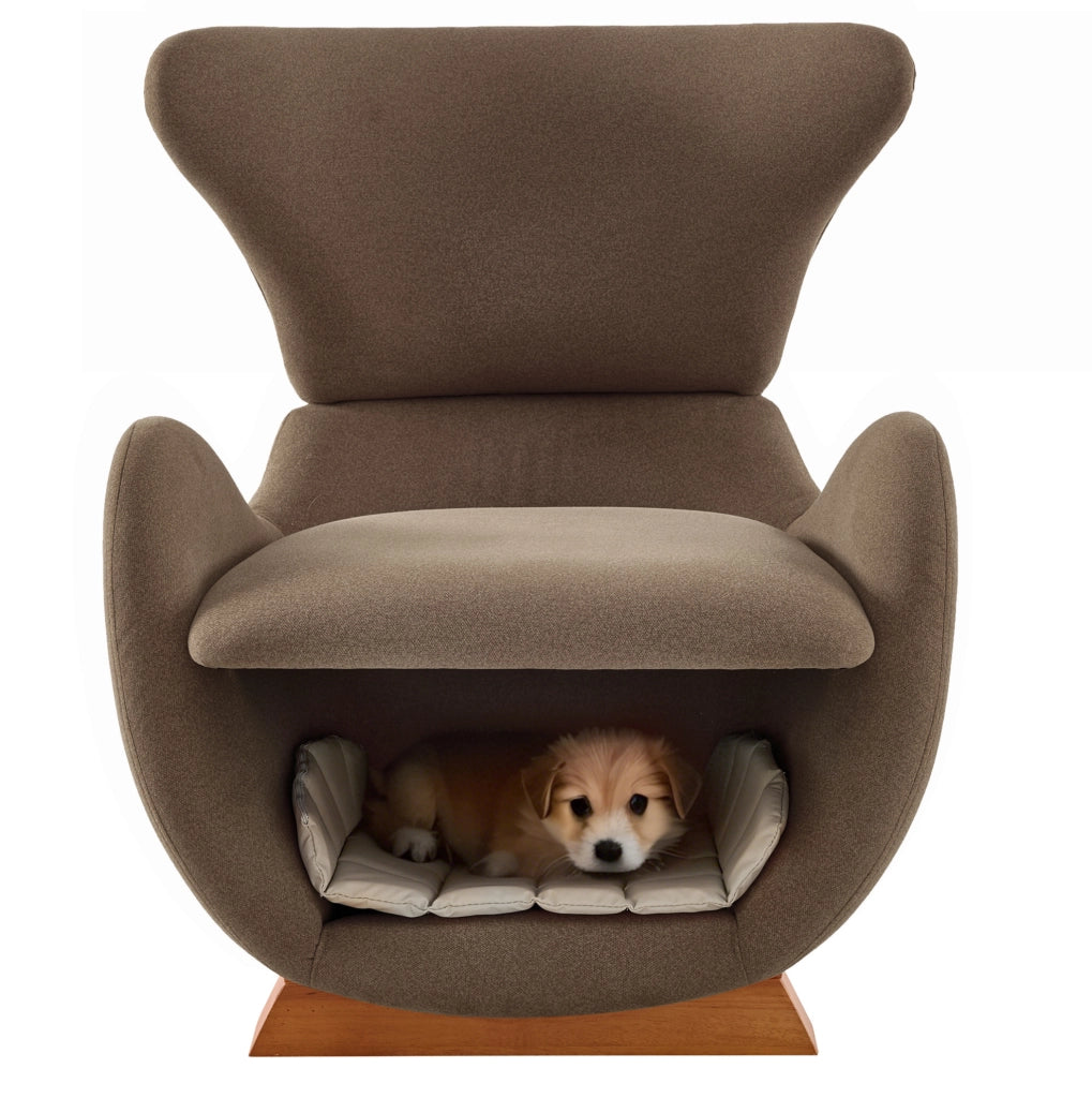 Poltrona lounge design con cuccia integrata per animali; 66 cm in tessuto marrone e legno
