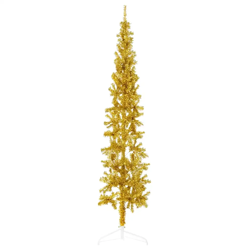 Albero Natale Artificiale Sottile a MetÃ  con Supporto Oro 210cm