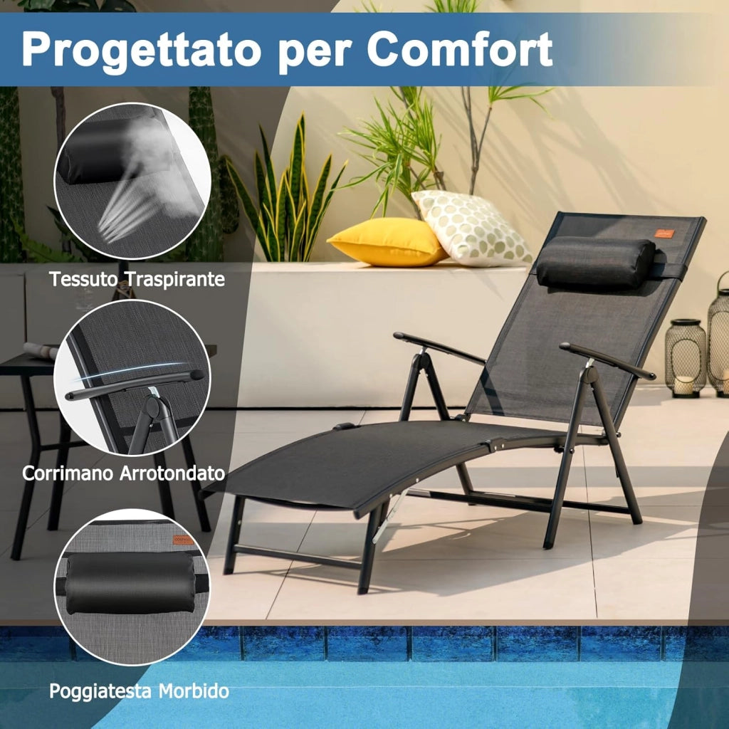 Lettino Prendisole Pieghevole, Schienale Regolabile in 7 Posizioni, Sdraio da Giardino in Textilene con Braccioli, Poggiatesta, Capacità di 150 kg, 142 x 61 x 103 cm (nero)