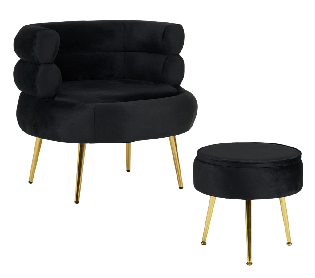 Poltrona Camera da Letto e Salotto in Velluto con Poggiapiedi Contenitore - Poltroncina Relax Moderna con Gambe in Metallo Placcato Oro - Design Moderno, Seduta Morbida con Cuscino - Sedia in Velluto - Nero