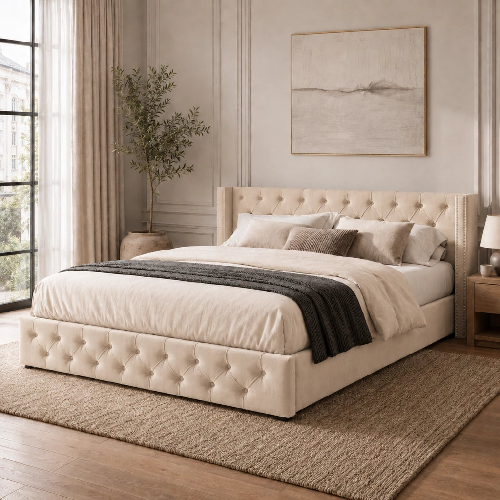 letto imbottito velluto beige 160 x 200 cm