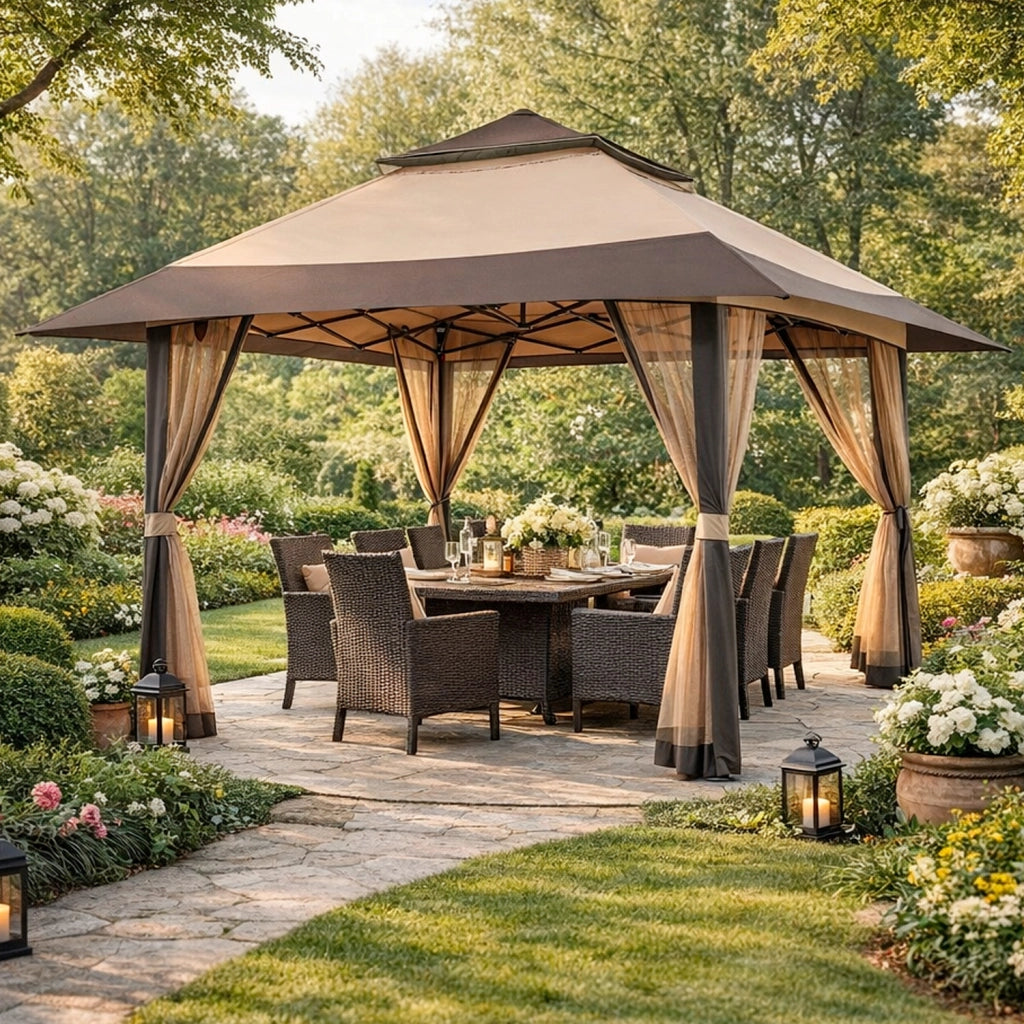 Gazebo Outdoor 4 X 4 Metri Con Zanzariere Tetto Esteso E Altezza Regolabile Da 2.7 X 2.9 M Apertura Rapida E Borsa Di Trasporto Inclusa Per Eventi Piscina Campeggio Feste Kaki
