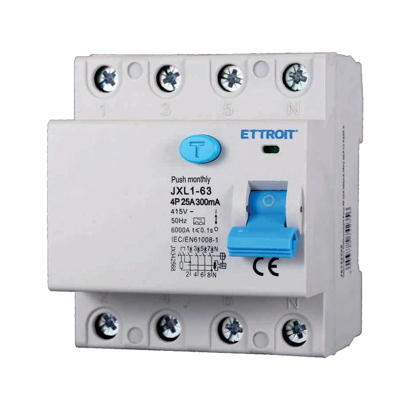 ETTROIT RCCB Interruttore Differenziale Puro Tipo A 3P+N 4M 6000A 300mA 25A AC 400V IP20 IEC61008-1