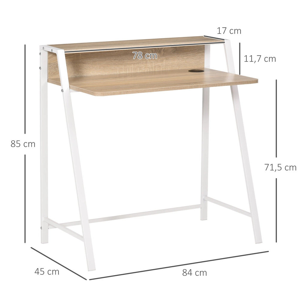 Scrivania moderna con vano portaoggetti e passacavi, struttura in metallo, bianco, 84 x 45 x 85 cm