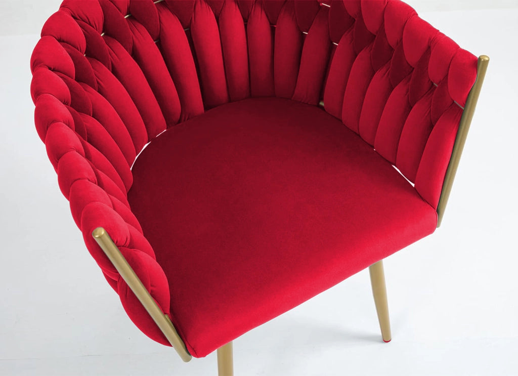 Poltrona Con Schienale In Velluto Intrecciato Design Moderno, Sedia Imbottita Circolare con Gambe in Metallo Placcato Oro Poltroncina  - Bordeaux