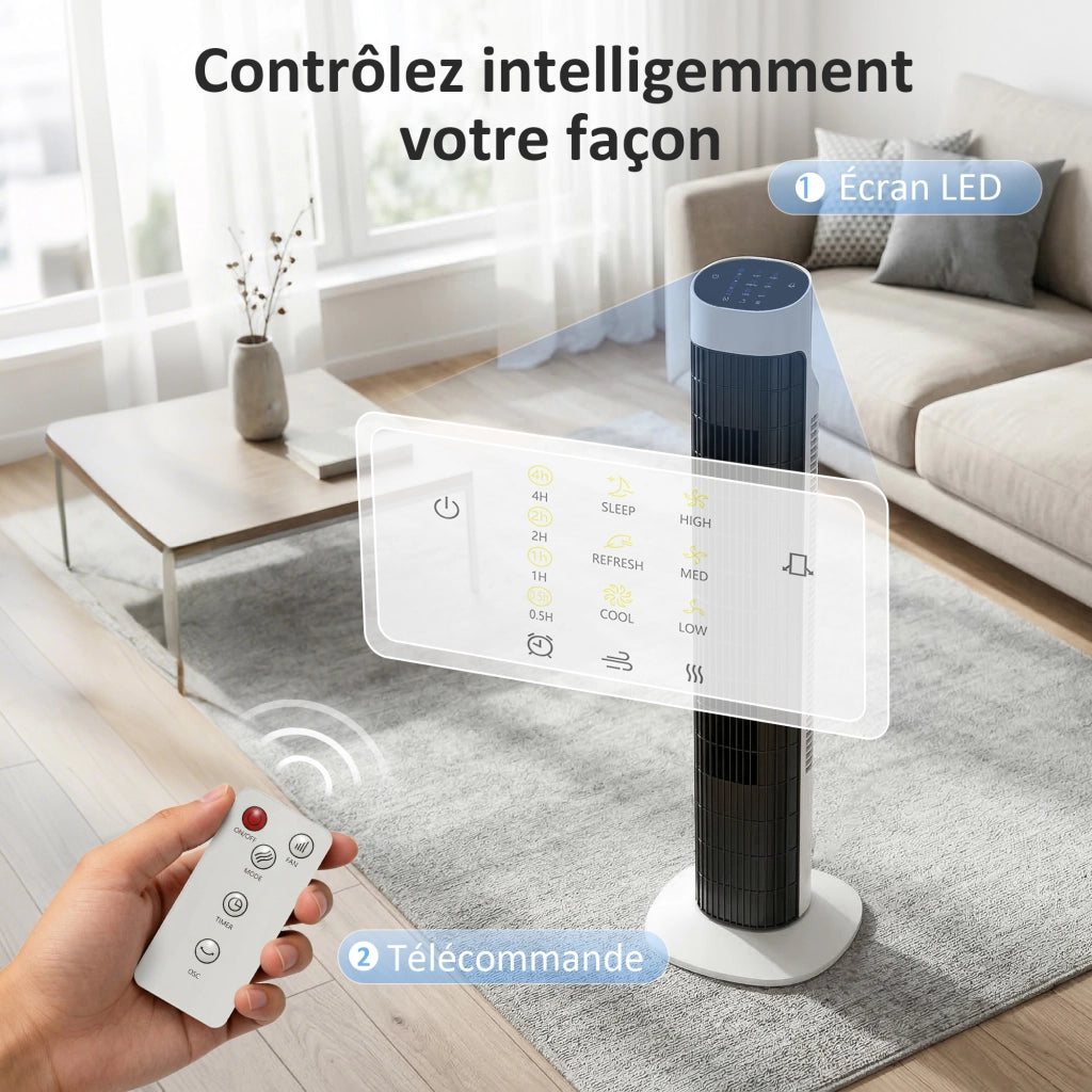 Ventilatore a torre oscillante ¨C Zephmum ¨C Bianco e Nero, 70¡ã, LED, telecomando, timer 12H