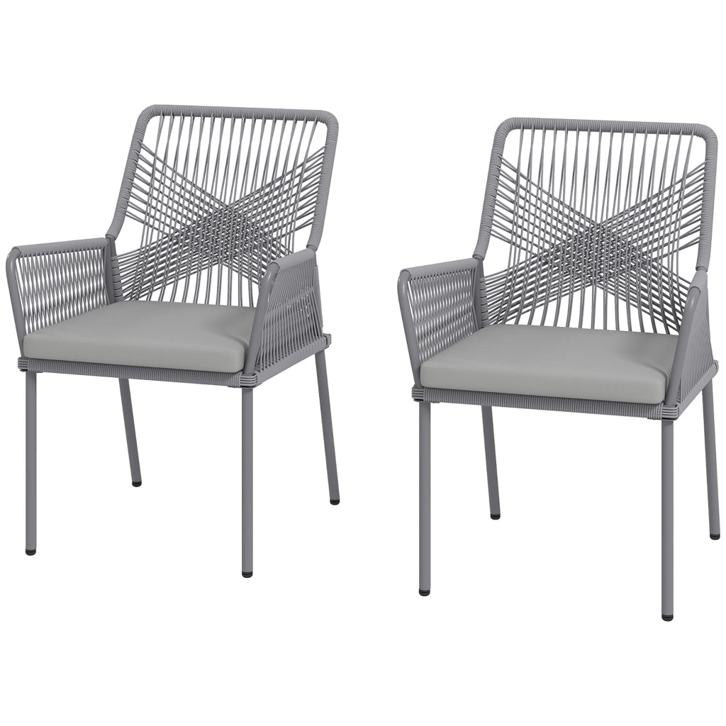 Set di 2 sedie da giardino in rattan e acciaio; cuscini lavabili; braccioli e schienale; Grigio scuro