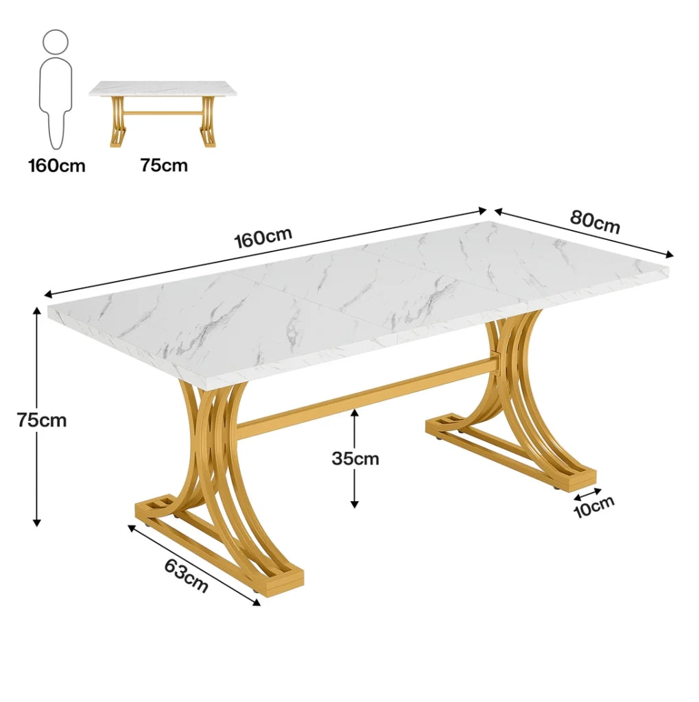 Tavolo da pranzo rettangolare 160x80 cm in marmo artificiale e metallo; bianco e oro