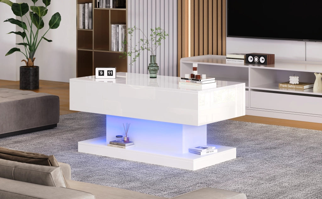 Tavolino da salotto sollevabile bianco lucido con luci led e contenitore 100x50 cm
