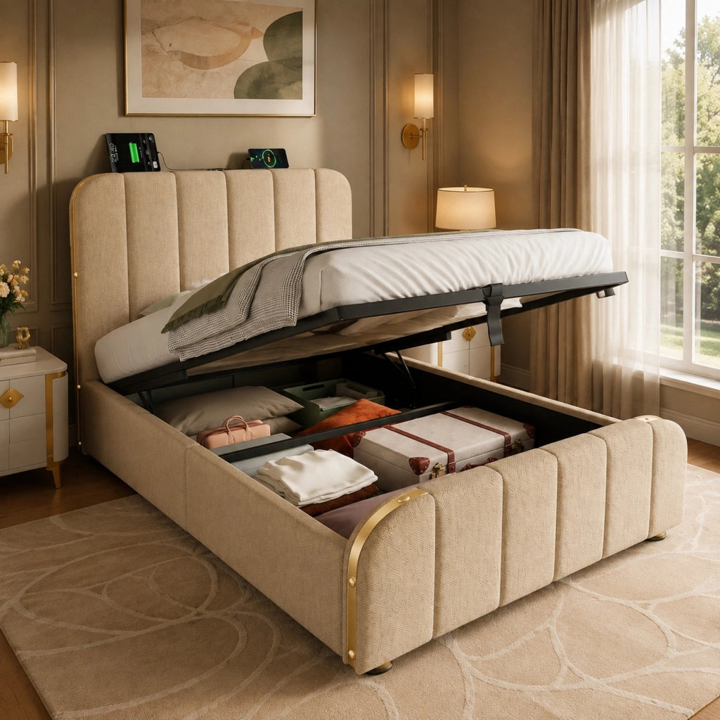 Letto singolo imbottito 90x200 cm beige con USB-C, vano idraulico e rete
