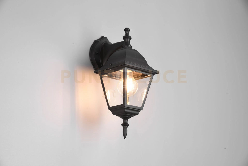 LIVENZA APPLIQUE DA ESTERNO DOWN 4 LATI FUSIONE DI ALLUMINIO NERA E VETRO TRASPARENTE H. 33CM IP44 1 LUCE ATTACCO E27