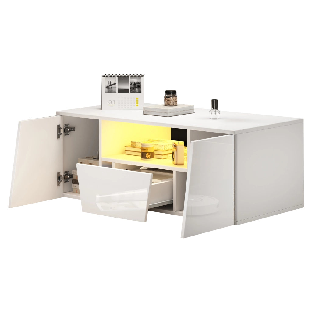 Tavolino da salotto con 2 Ante; 1 Cassetto; 1 Vano e LED; finitura lucida per Soggiorno; in Truciolare; Bianco