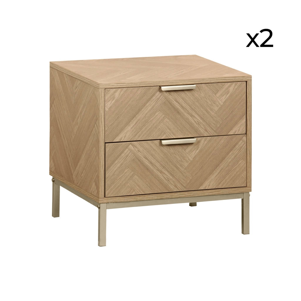 Set 2 comodini effetto legno con motivo a spina di pesce, marrone