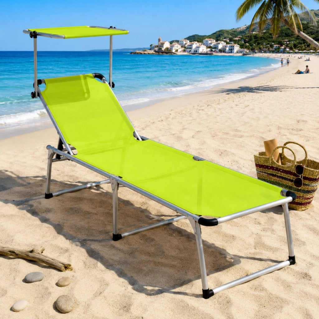 Sedia Sdraio Per Spiaggia Mare Giardino Piscina Lettino Pieghevole Prendisole Con Tettuccio Parasole Schienale Reclinabile Regolabile In 6 Posizioni Struttura In Alluminio 187 X 59 X 29 Cm Verde Fluo