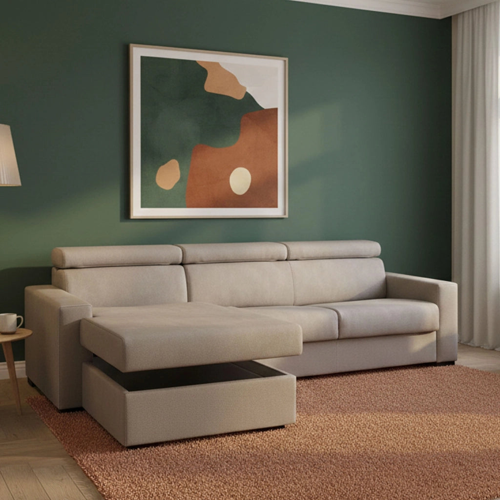 Divano Letto Alibabah, Divano ad angolo, Made in Italy, SofÒ  con apertura girevole, con Penisola contenitore Sinistra, con Braccioli standard, cm 280x95h85, Tortora