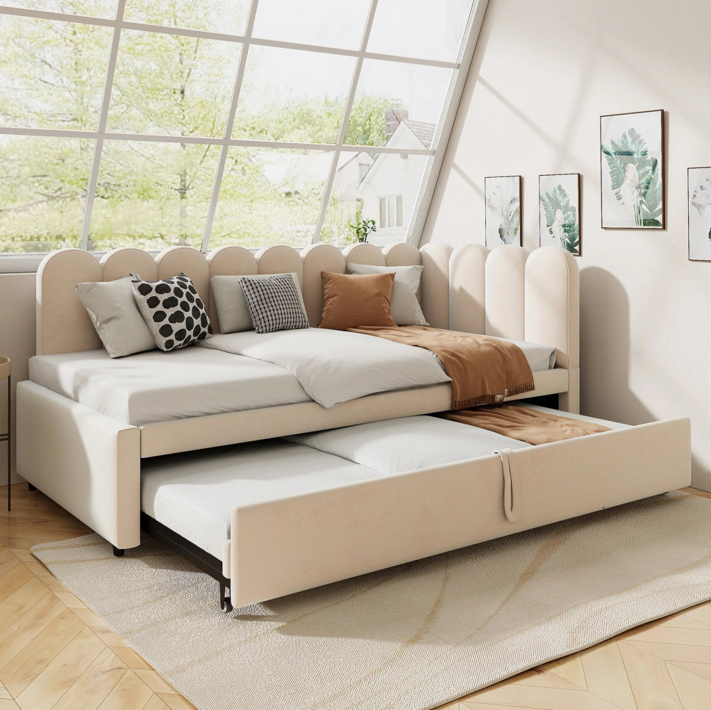 Divano letto L-shaped 90x200 cm in velluto con letto estraibile; beige