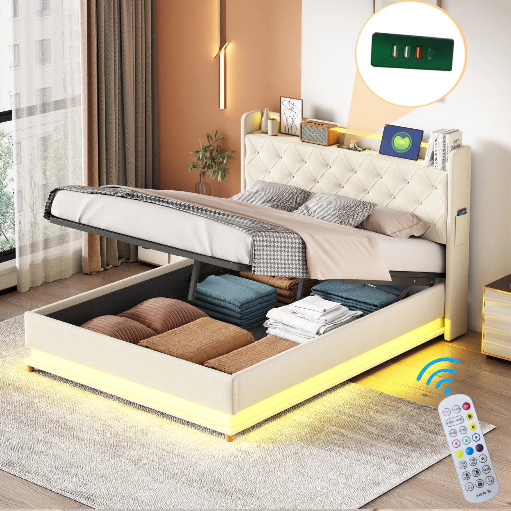 Letto Contenitore 140x200 cm con LED; USB e vano idraulico in Tessuto Beige