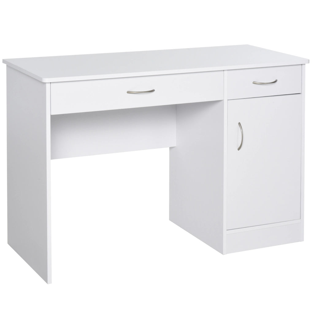 Scrivania Moderna per PC e Computer con 2 Cassetti e 1 Armadietto, Scrivania con Libreria Salvaspazio per Ufficio o Camera in Legno, Bianco