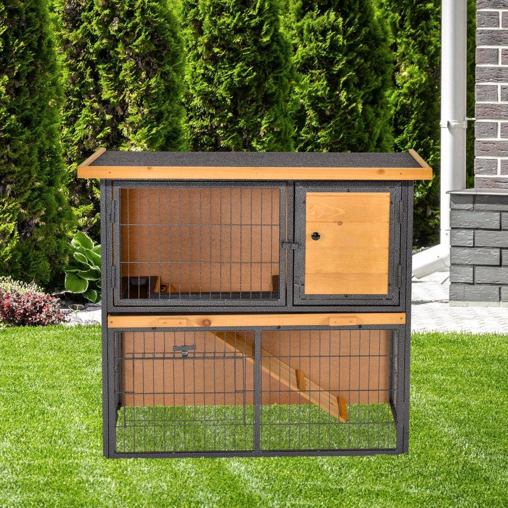 Gabbia per Conigli 2 Piani in Legno con Tetto Bitumato ¨C zephmum ¨C 89,5x45x81 cm Hellgelb