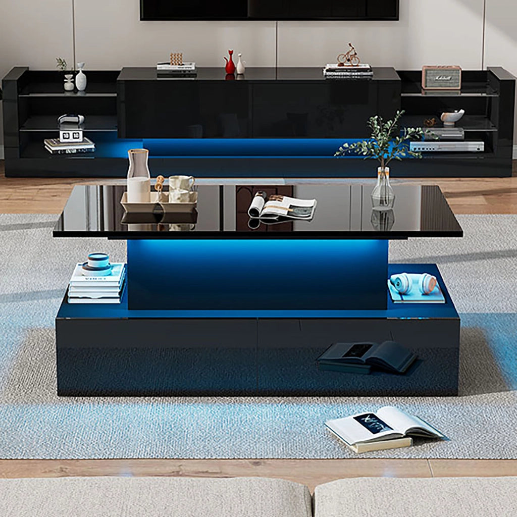 Tavolino da Salotto con 4 Cassetti e LED USB; Piano Superiore Scorrevole Estraibile; Nero Lucido Moderno; in Pannello di Truciolare; 90×55×41 cm; Nero