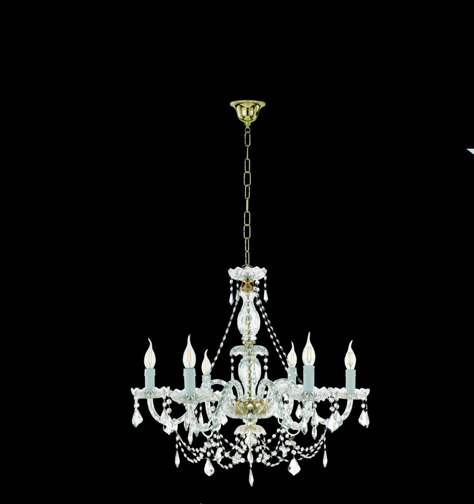 LAMPADARIO OPERA 6 LUCI TRASPARENTE E ORO ATTACCO E14 VETRO E CRISTALLO D.72cm