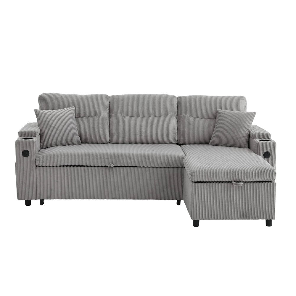 Divano 3 posti con contenitore e chaise longue ¨C Minimal ¨C Grigio corda, idraulico, con porta bevande e USB-C