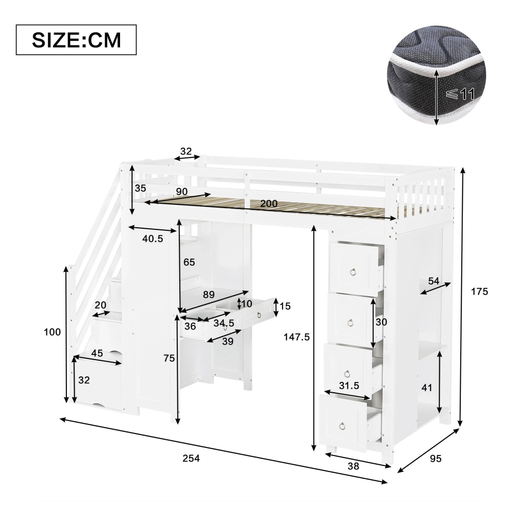 LETTO a soppalco multifunzione 90x200 cm bianco con scrivania e cassetti