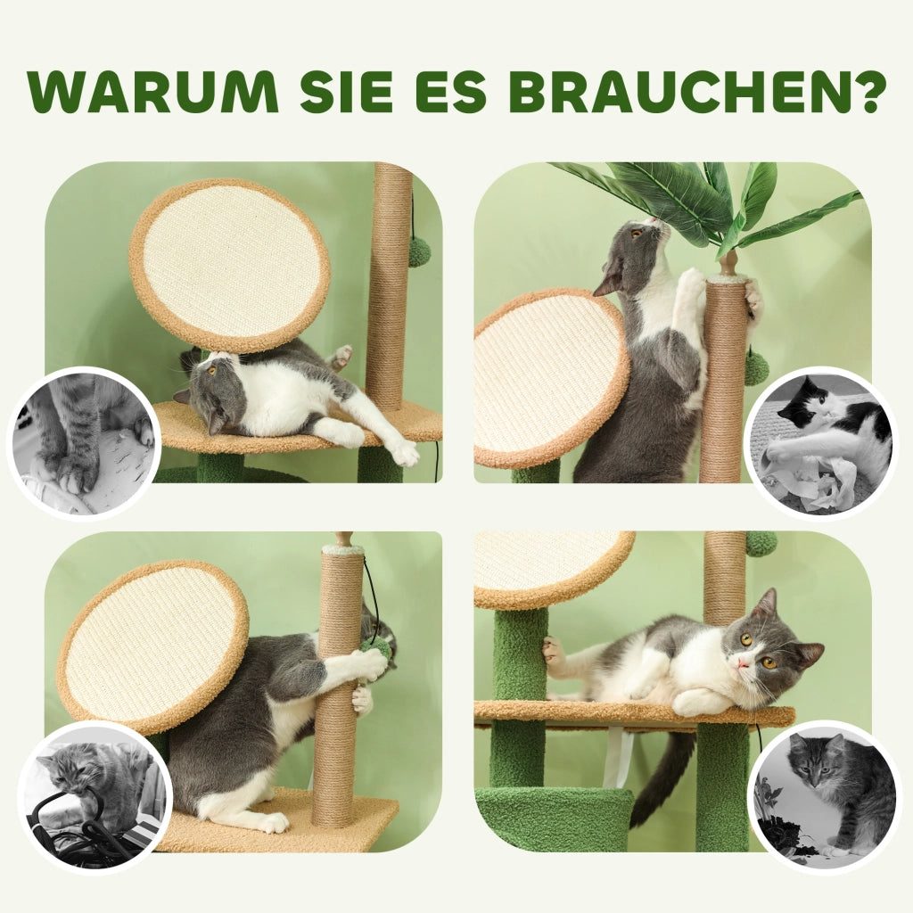 Albero tiragraffi per gatti con piattaforme, palla e tana ¨C zephmum ¨C Verde 139 cm