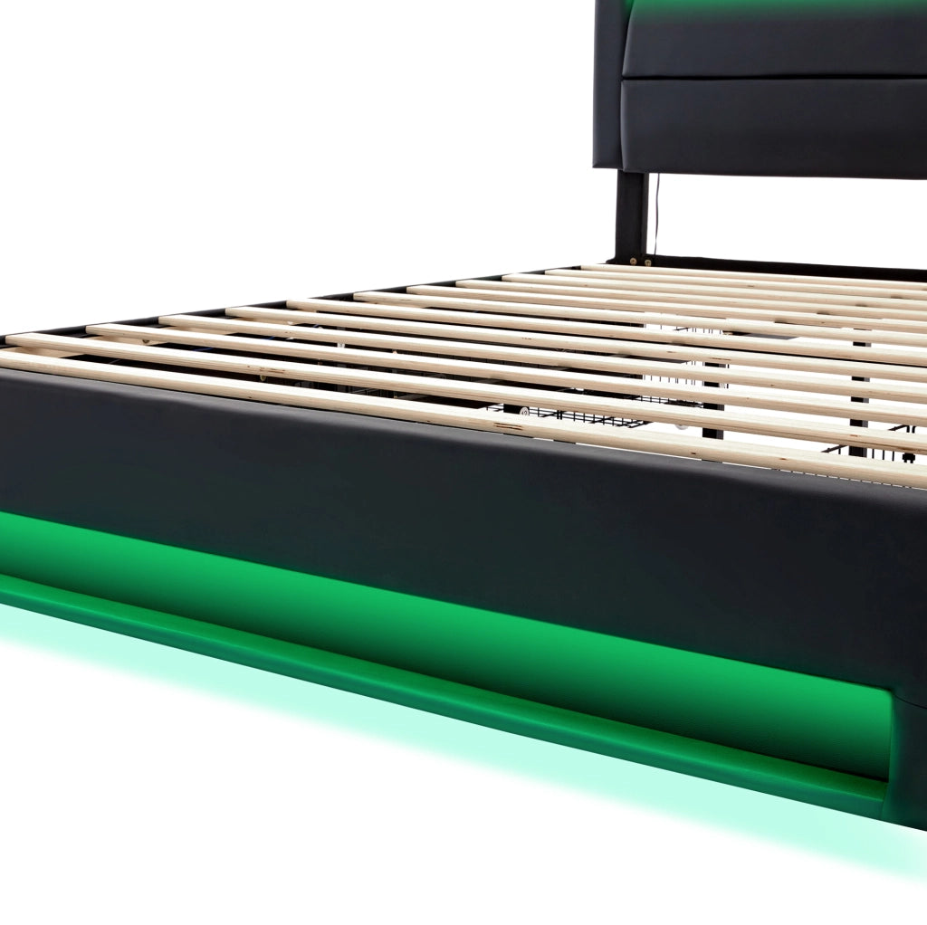 Letto imbottito 140x200 cm in PU nero con USB; LED e 4 cassetti