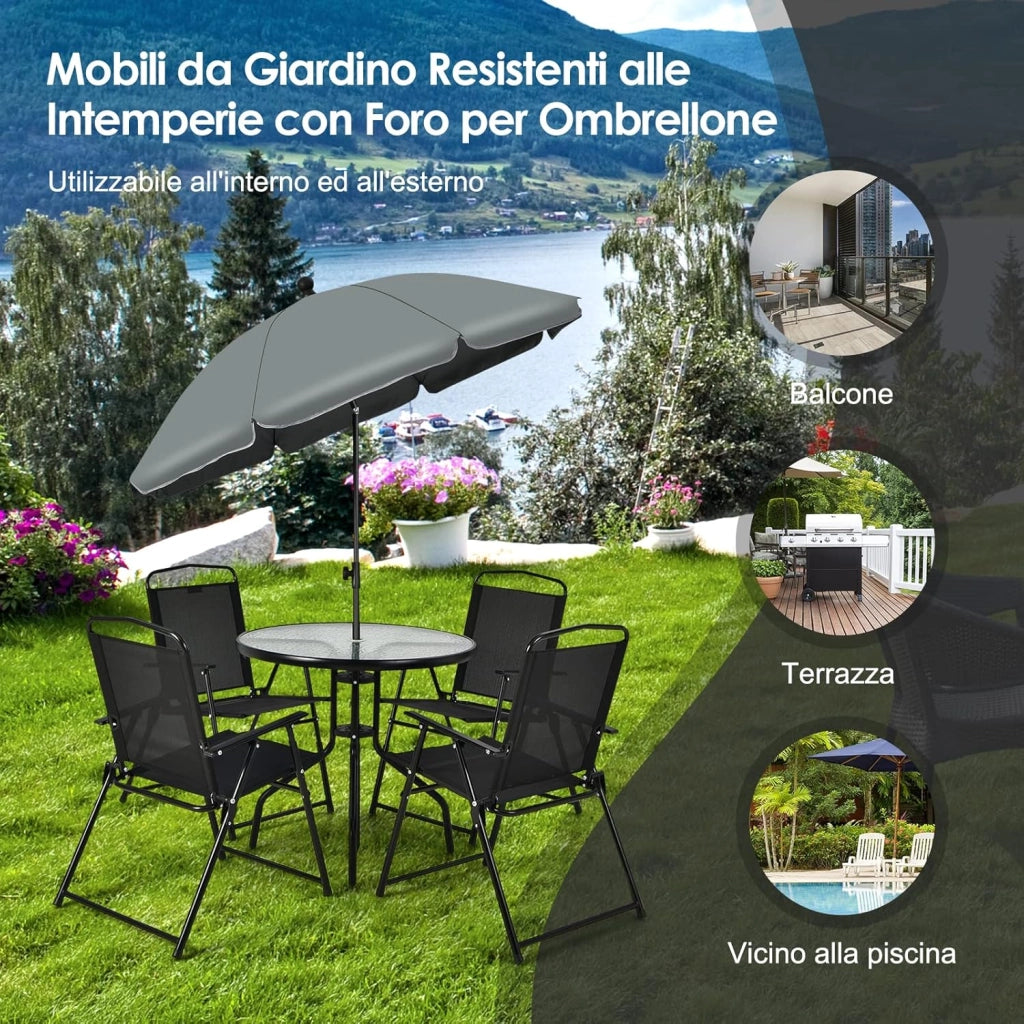 Set di Mobili da Giardino da 6 Pezzi, Tavolino da Caffè con Ombrellone, Piano in Vetro Temperato e 4 Sedie Pieghevoli, Set da Pranzo da Patio Terrazza Bordo Piscina