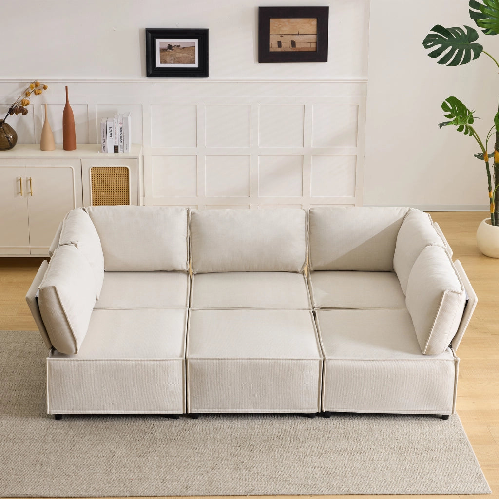 Divano angolare modulare componibile con seduta comoda e rivestimento in lino beige 308 × 152 × 77 cm