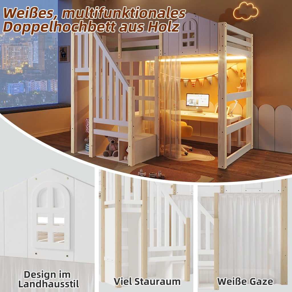 Letto a castello bianco e naturale in pino con luci LED 90x200 cm