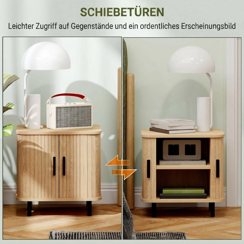Comodino con ante scorrevoli, 2 vani e gambe in acciaio, stile nordico, per camera da letto, rovere 48 × 40 × 48 cm