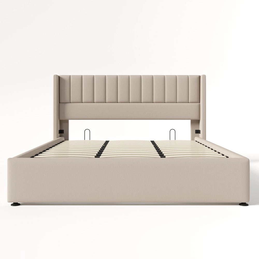 Letto Contenitore Matrimoniale Imbottito Idraulico ¨C Xylo ¨C Lino Beige 180x200 con Rete a Doghe