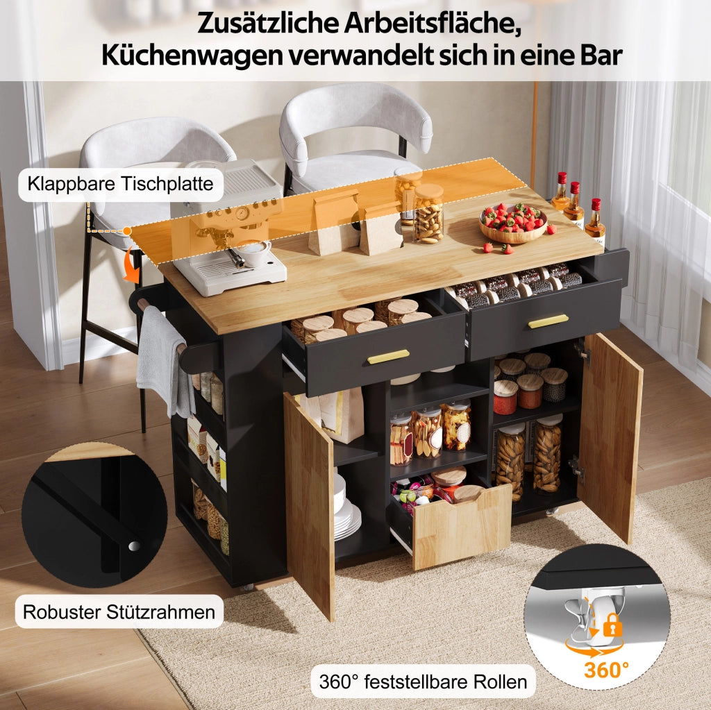ISOLA CUCINA con piano ribaltabile 120x45(71) cm MDF Nero e naturale