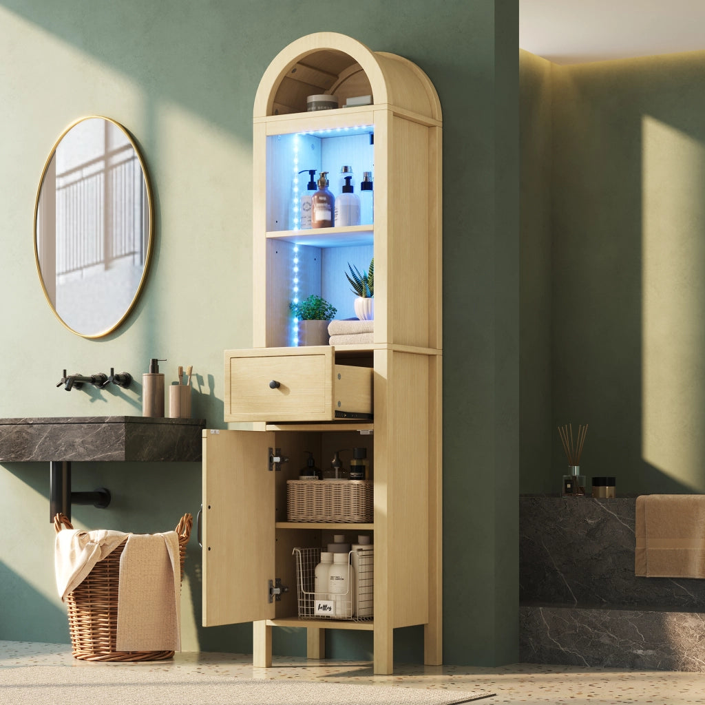 Mobile da bagno con 1 anta; cassetto e LED; per bagno; in MDF; 40x30x163 cm; naturale