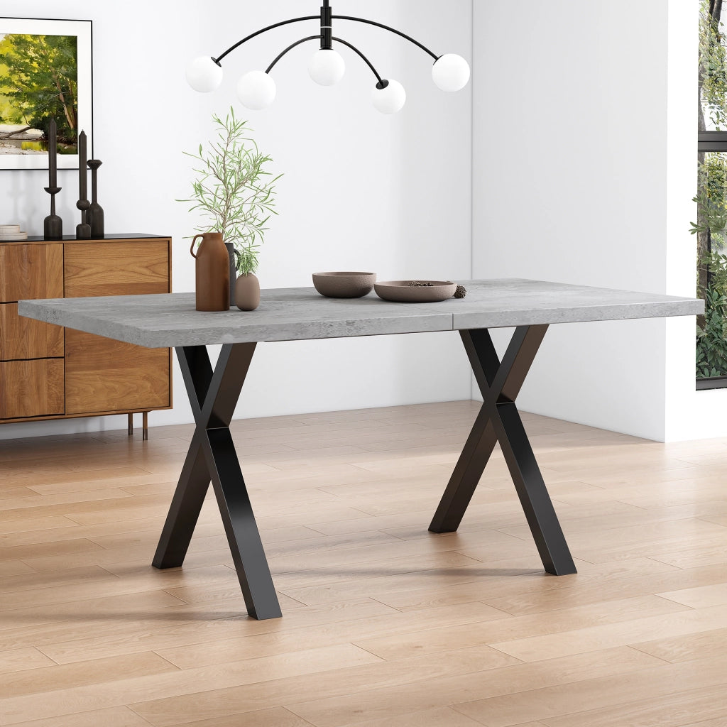 Tavolo da pranzo con gambe incrociate in MDF e metallo effetto cemento, per soggiorno e sala da pranzo, grigio nero