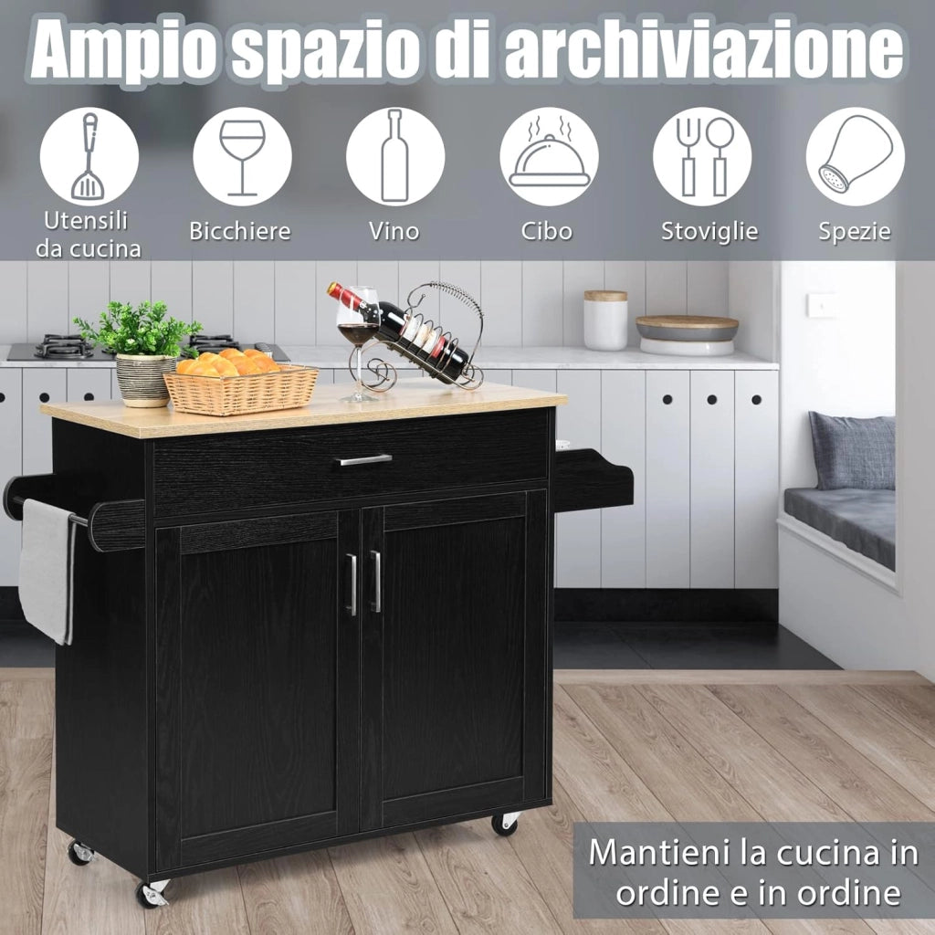 Carrello da Cucina con Ruote di Gomma, Scaffale per Microonde Carrello Servizio, Mobile Cucina con Ripiani e Ante, Credenza Cucina Legno Moderno Elegante, 116 x 37 x 85 cm (Nero)