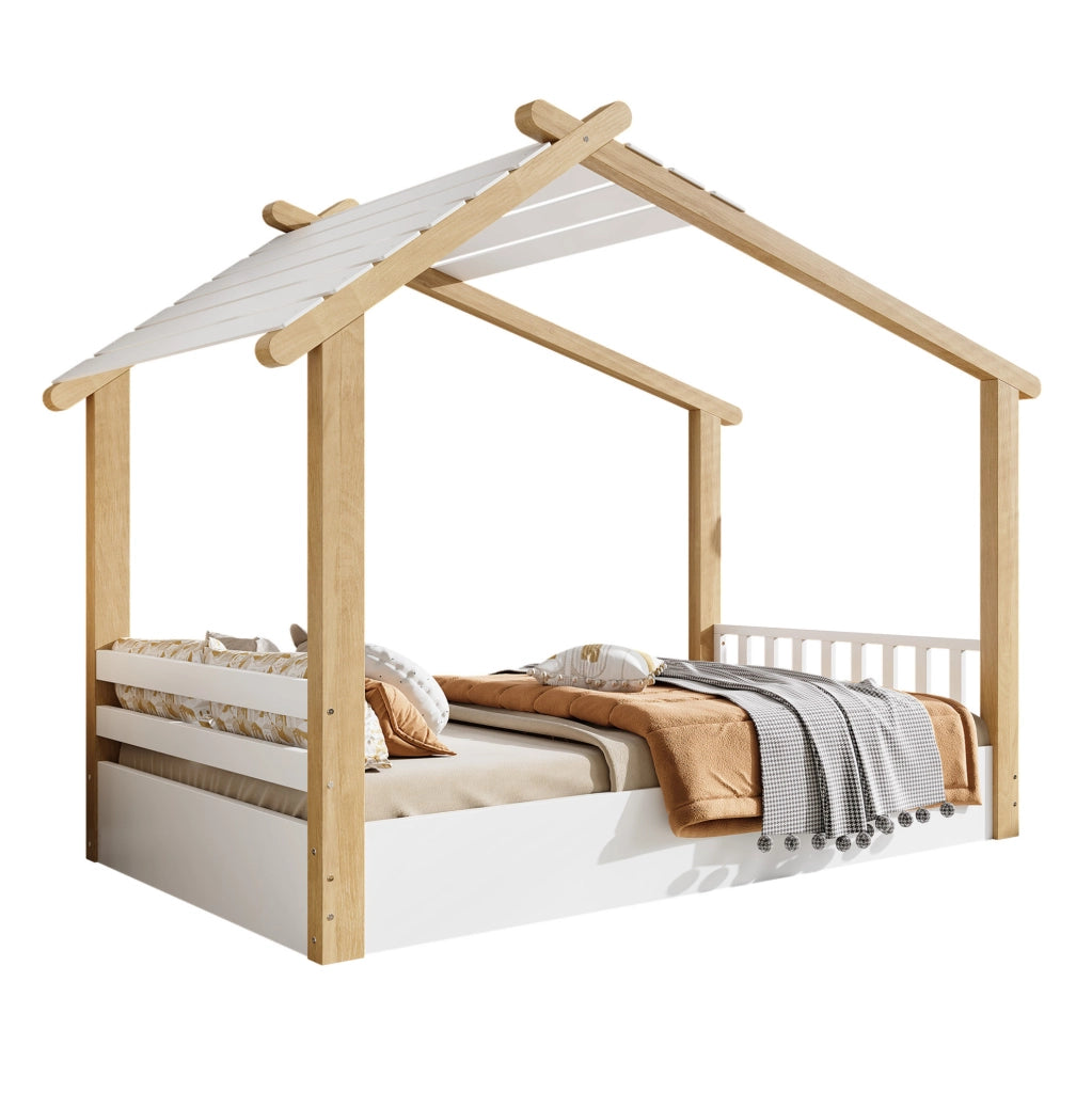 Letto a casetta 90x200 cm con doghe stabili; bianco e naturale
