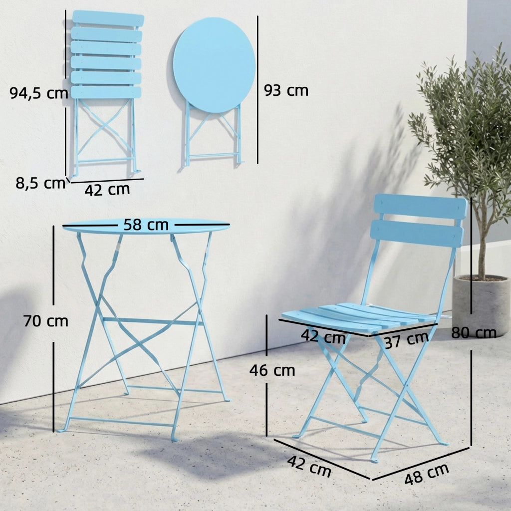 Set Bistrot da Giardino 3 Pezzi ¨C zephmum ¨C Tavolo e 2 Sedie Pieghevoli, Legno, Blu Chiaro