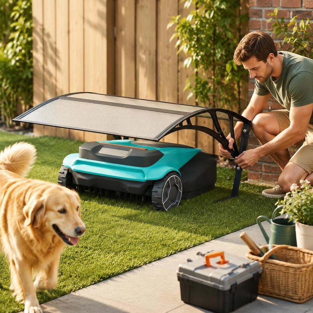 Robotic Lawn Mower Garage, PC Panel And Metal Frame Shelter, Weather Resistant Cover For Rain And Sun, Outdoor Storage Shed For Grass Or Pavement, Black, 80x101x46 Cm