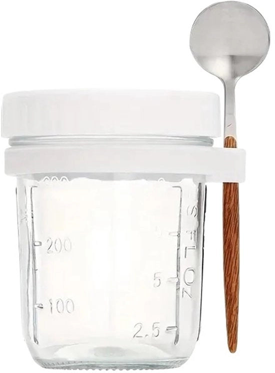 Cup di Overnight Oatmeal 350 ml con coperchio in vetro e cucchiaio Cibo chiuso Bicchiere per colazione Borsa di granola da colazione Insalata di latte Bicchiere di yogurt Utensili da cucina (bianchi)