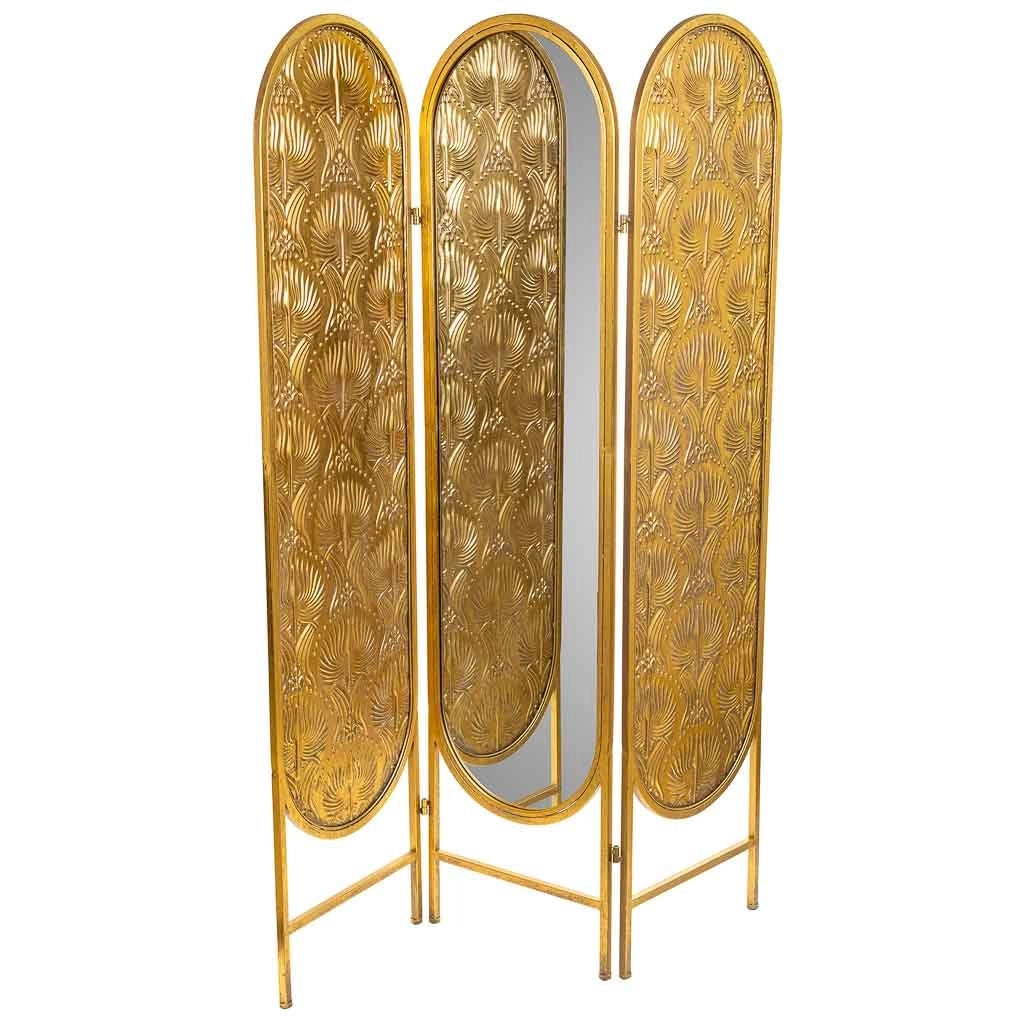 Paravento a 3 foglie in metallo con specchio centrale dorato 121x3x165,5h