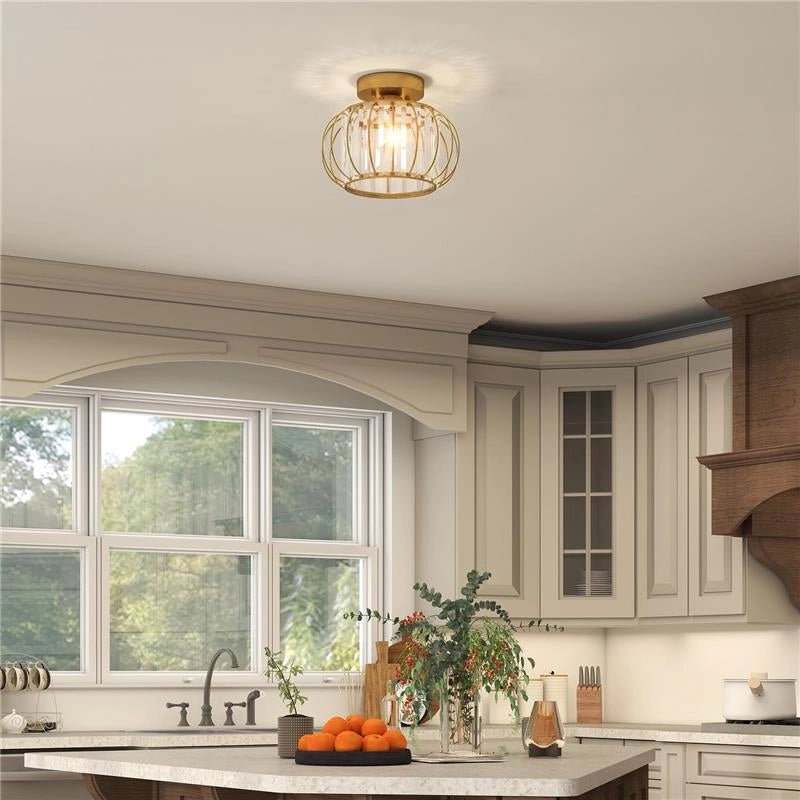 PLAFONIERA LED MODERNA E MINIMAL A GABBIA CON 18 CRISTALLI, IN METALLO ORO, Ï27X19 CM