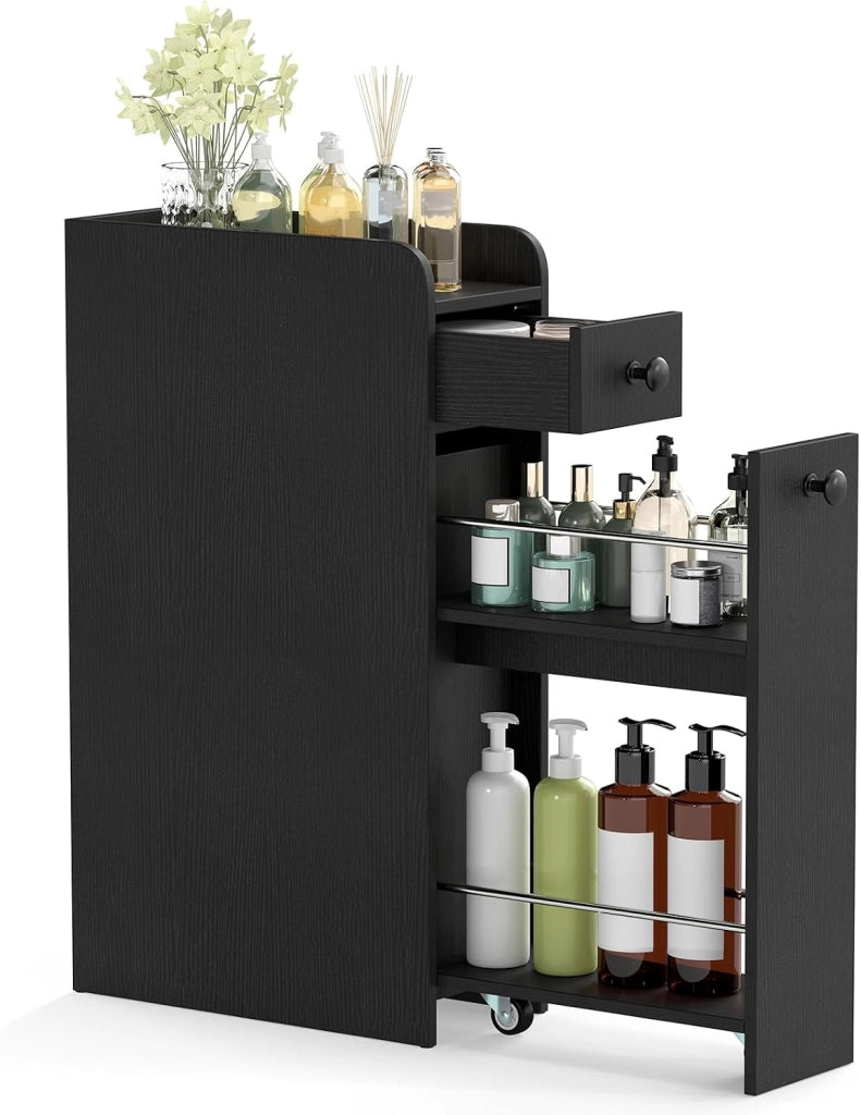Mobile da Bagno Piccolo, Mobiletto Salvaspazio Stretto con 2 Cassetti e 2 Ruote Girevoli, Credenza Sottile da Terra Autoportante per Bagno, Cucina e Ufficio, 40 x 18 x 70 cm (Nero)